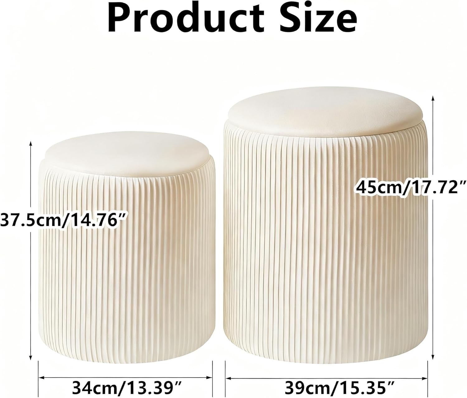White Velvet Storage Ottoman Set of 2 – Round Vanity Stools & Side Tables