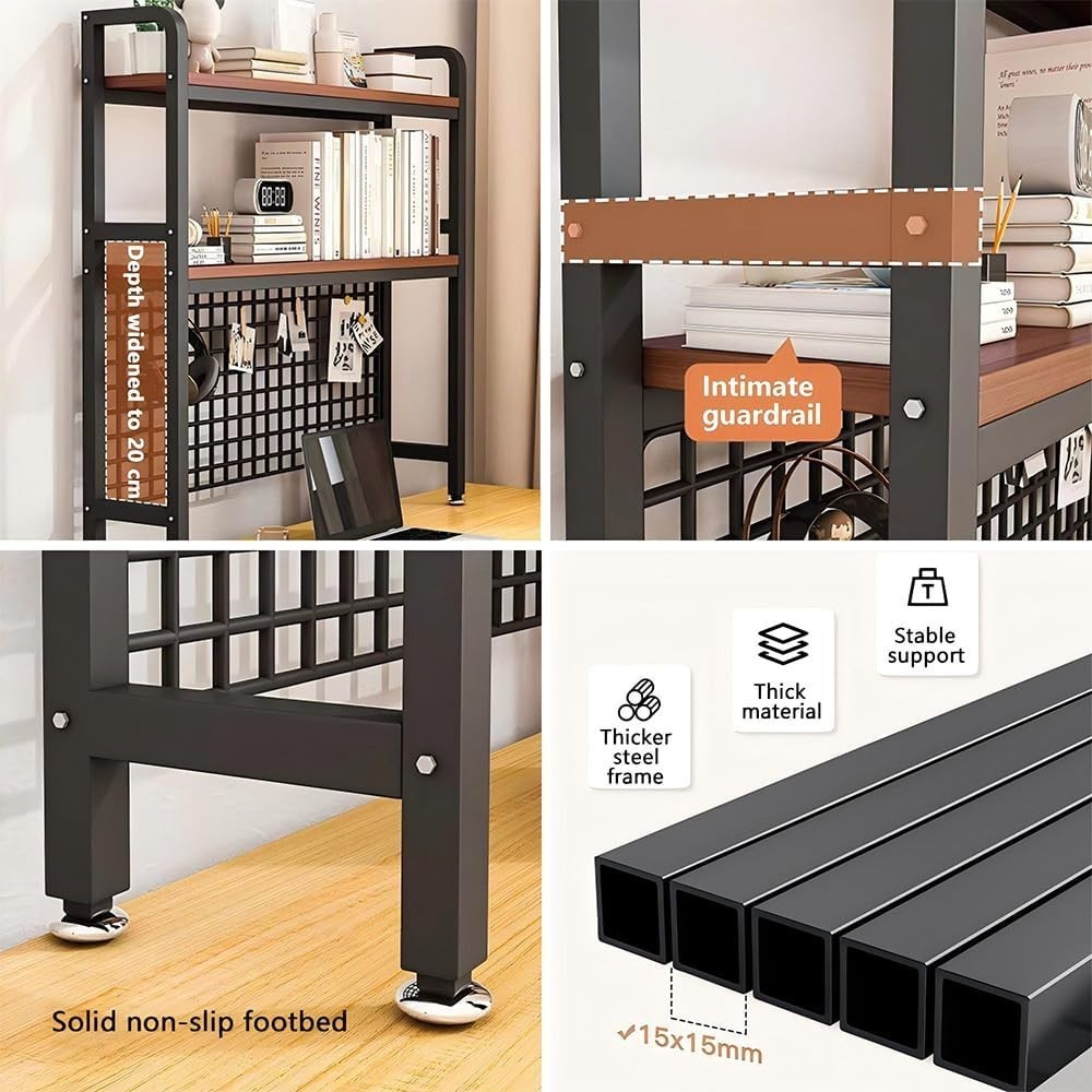 Black 2-Tier Desktop Bookcase with Grid Panel Metal/MDF Desk Hutch 95cm