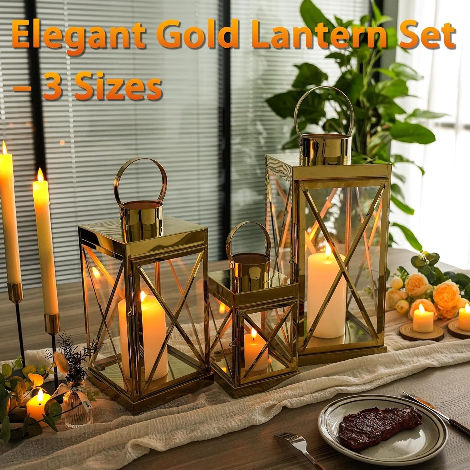 Set of 3 Gold Stainless Steel Lanterns Candle Holders