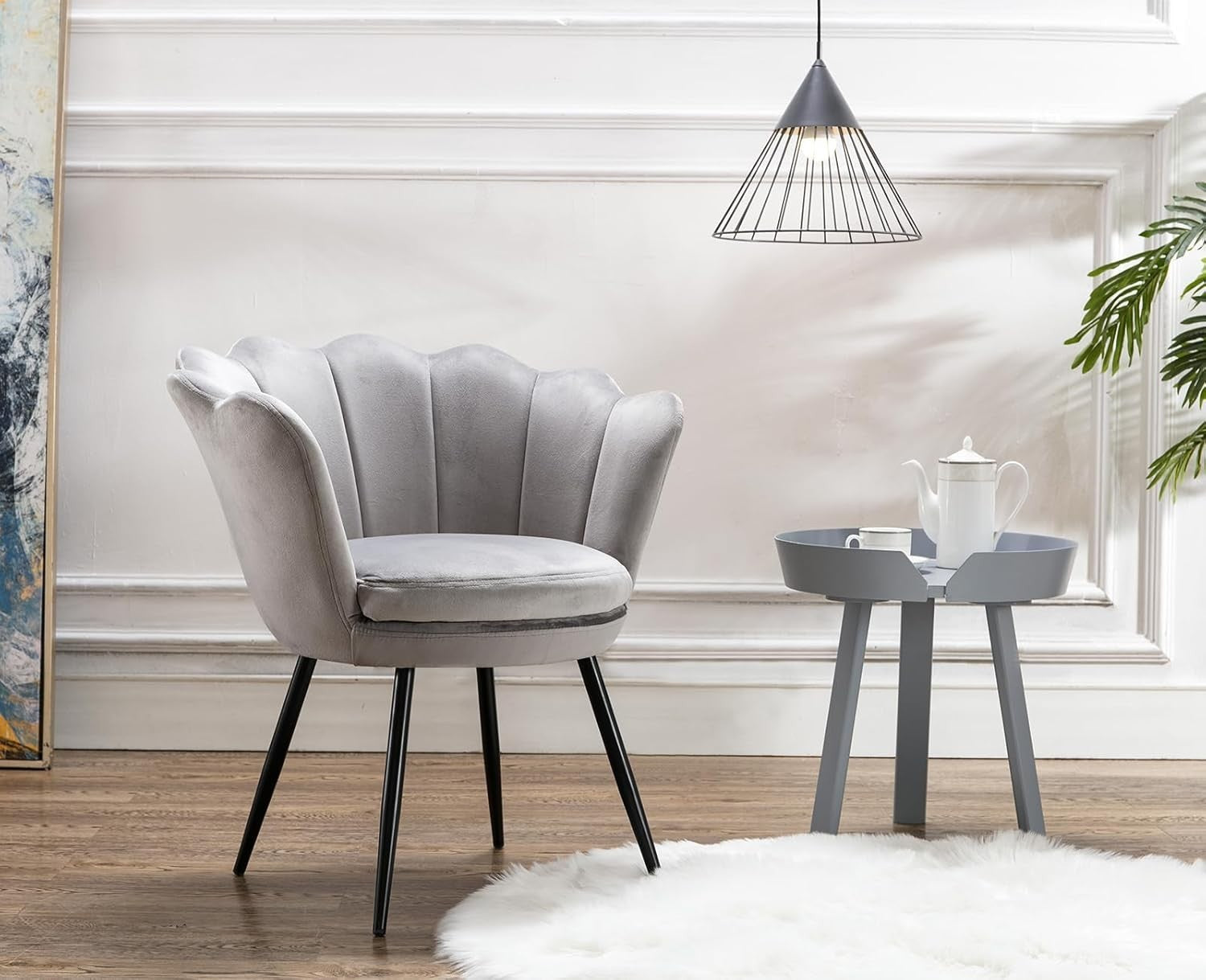 Grey Velvet Lounge Chair Gold Legs | Petal Back Armchair for Bedroom