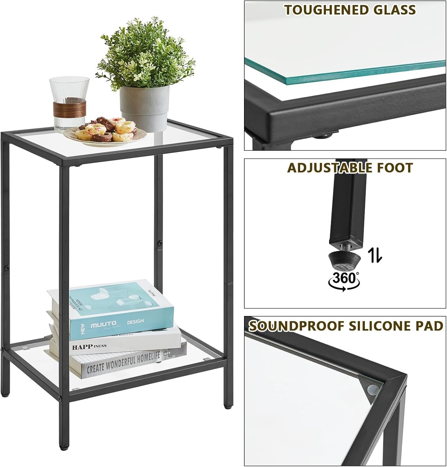 Black 2-Tier Side Table 38x28x56 cm | Sofa & Bedside Table w/ Tempered Glass