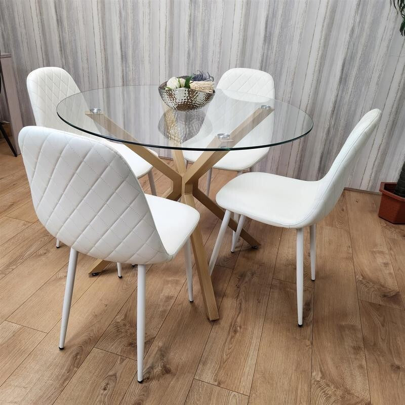 Round Glass Dining Table Set with 4 White Leather Chairs Oak Metal Legs