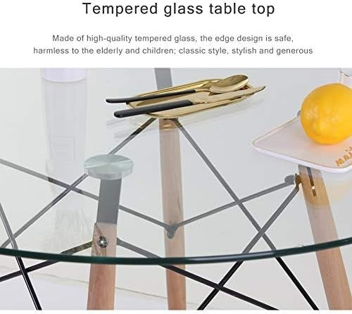 Round Glass Dining Table 90cm Tempered Top Wooden Legs Retro Kitchen Modern