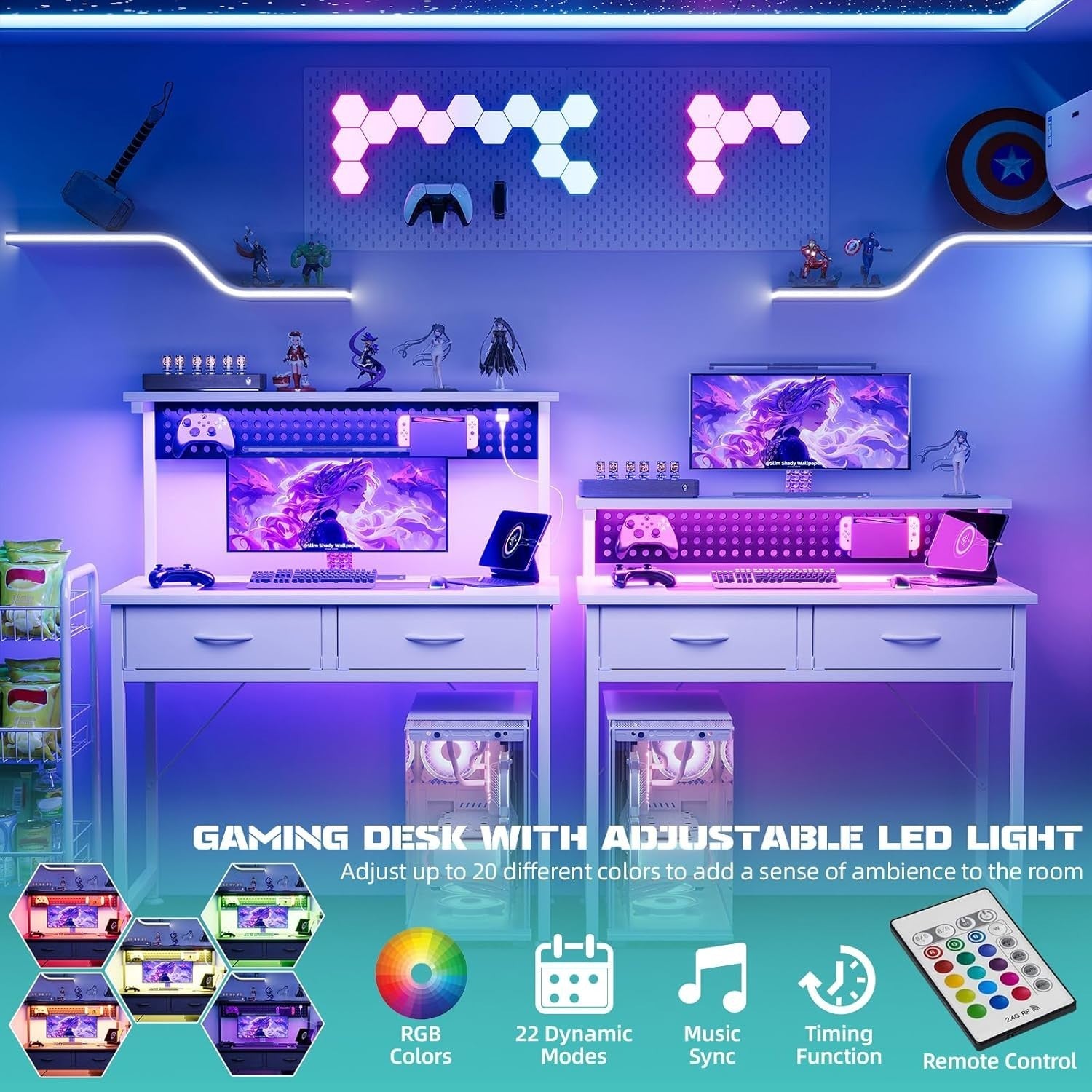 White Gaming Desk 110cm with LED Lights, Pegboard & 3 Storage Drawers
