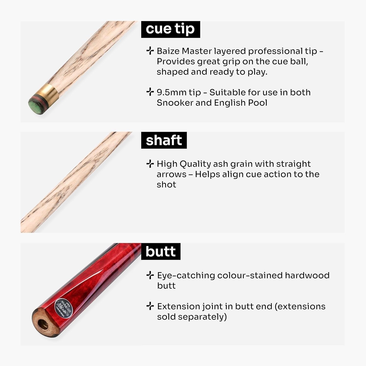 48in Junior Snooker Pool Cue 2 Piece Ash Shaft 9.5mm Tip