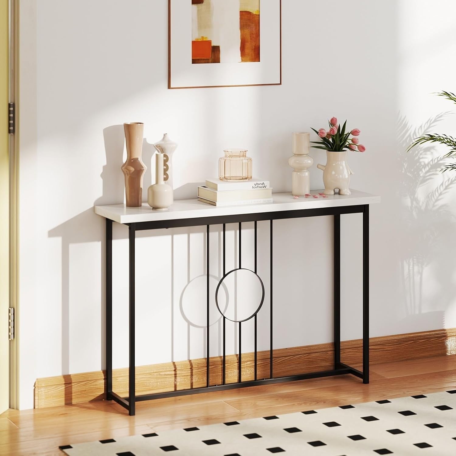 Slim Faux Marble Console Table with Gold Metal Frame, 120cm Wide, Anti-Tip