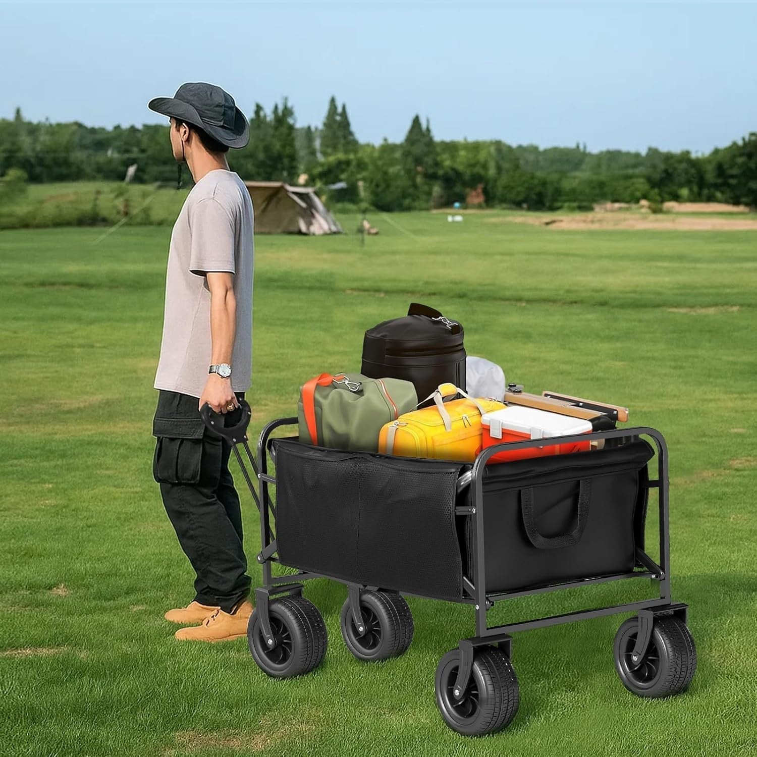 Heavy Duty Folding Camping Trolley 100L Cart All-Terrain Wide Wheels Brakes