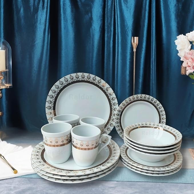 16pc Gold Floral Porcelain Dinnerware Set Plates Bowls Mugs Service for 4