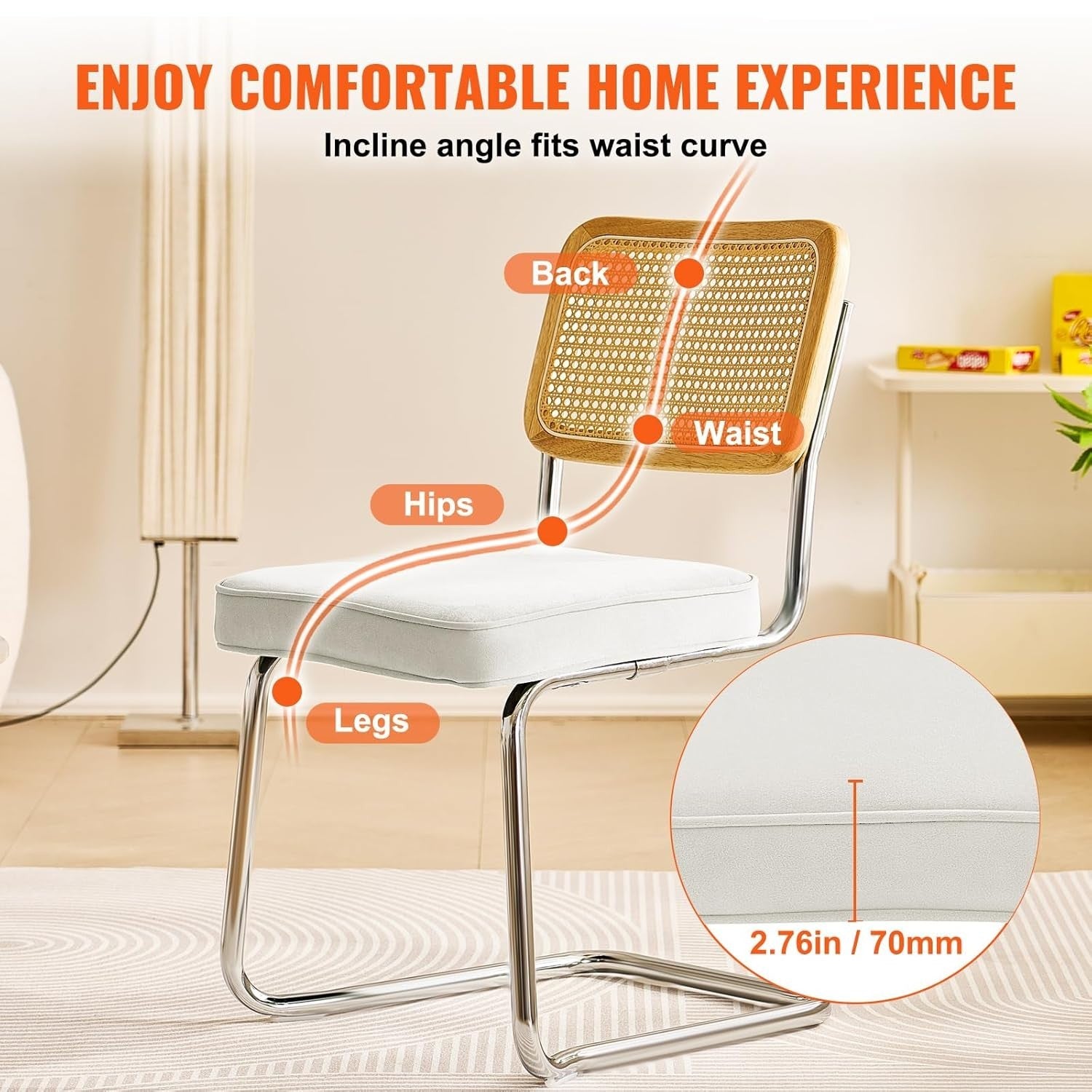 Set of 4 Rattan Dining Chairs Cushioned Modern Kitchen Seating White Upholstery