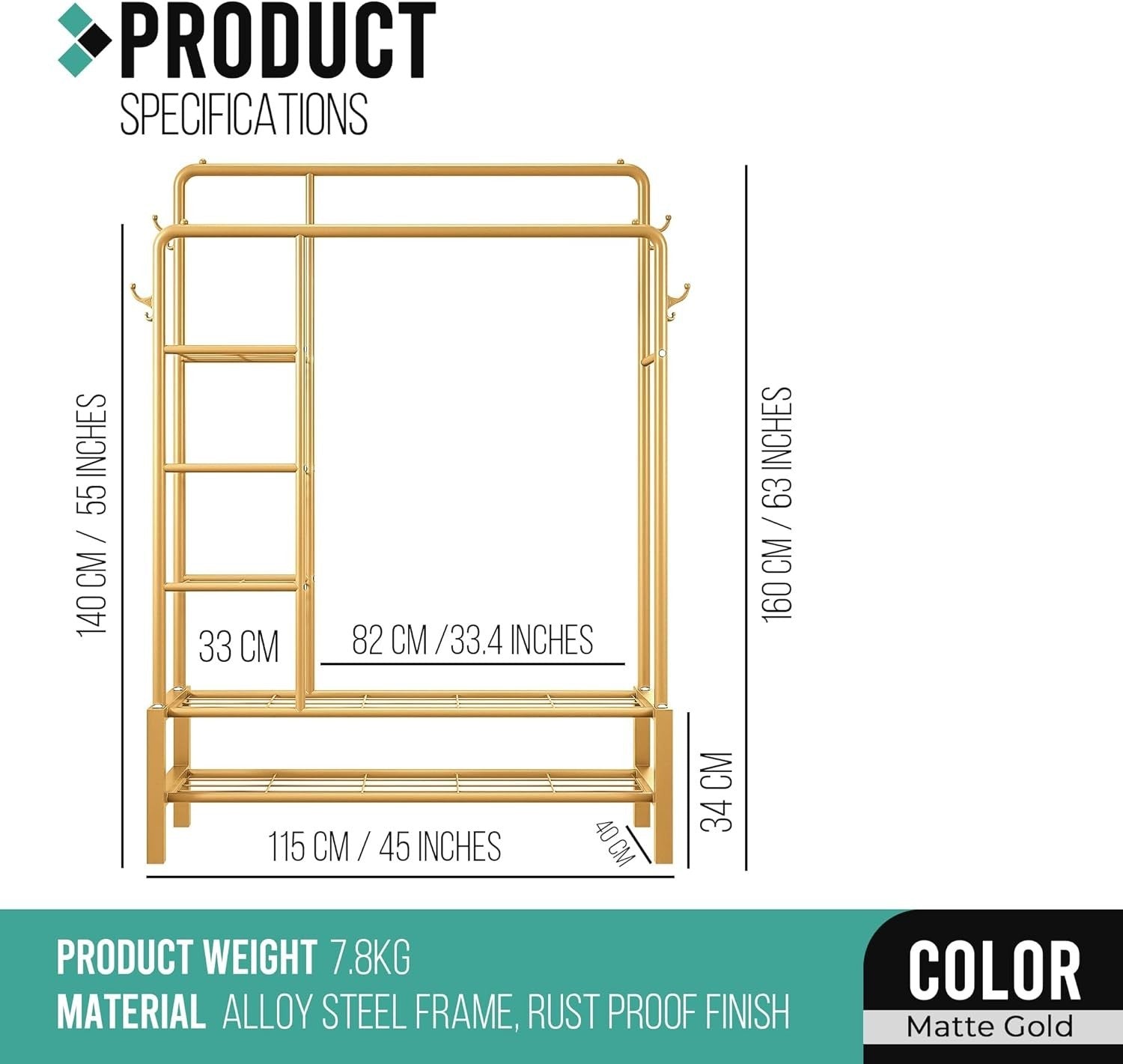 Heavy Duty Gold Clothes Rail 120KG Double Hanging Rack With Shelves