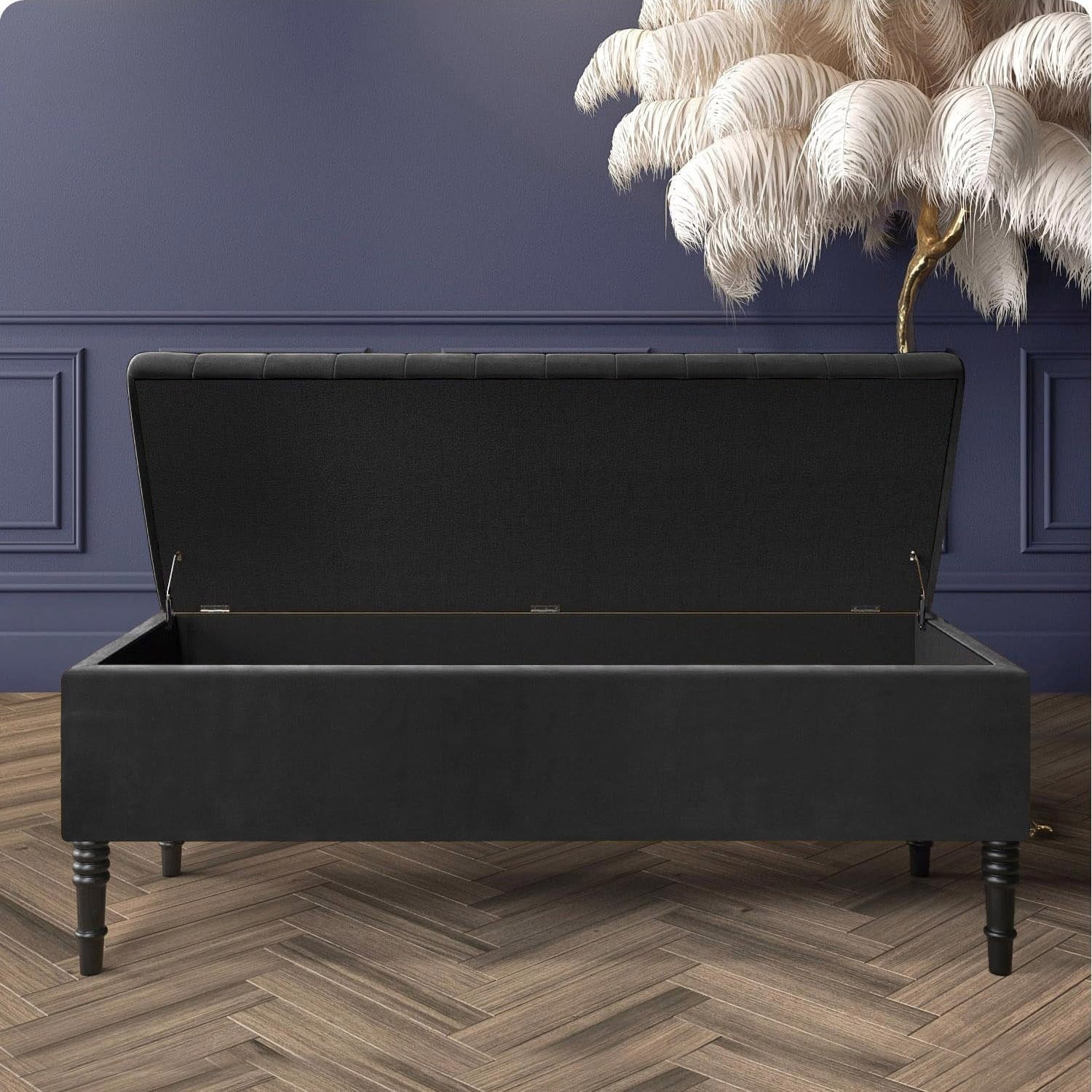 Luxury Black Velvet Storage Ottoman Bench with Legs, Shoe & Entryway Seat