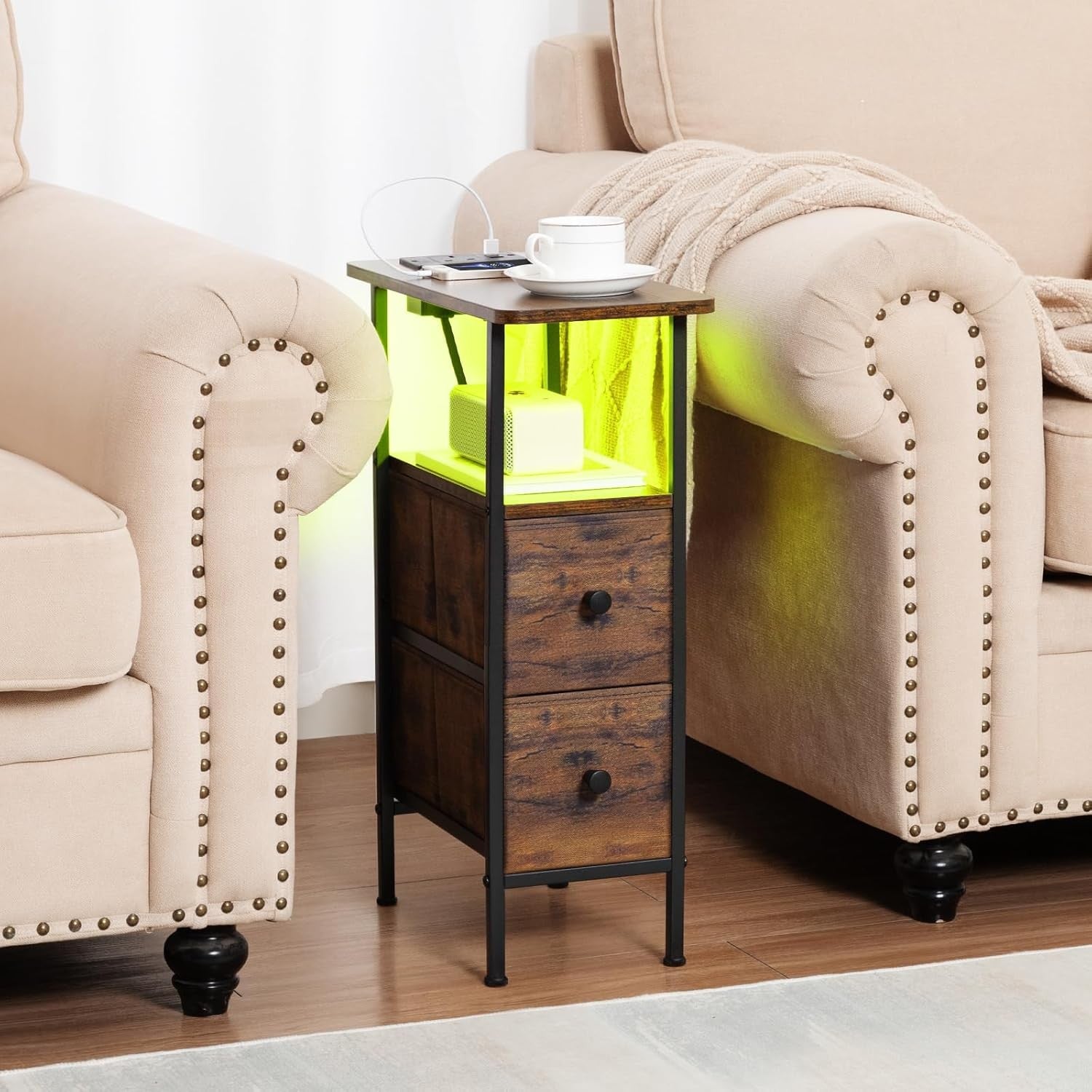 Slim LED Bedside Table with Charging Station, 2 Drawers & Shelf Rustic Brown