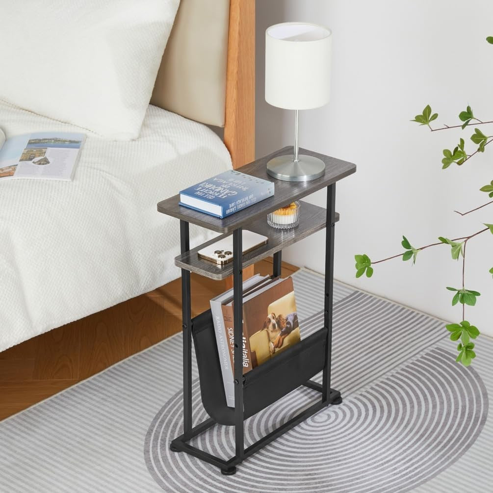 Slim Industrial Side Table with Magazine Holder & Adjustable Feet 18x42x55cm