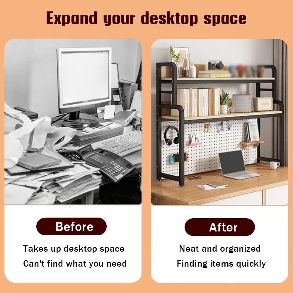136cm Black Desktop Bookshelf 2-Tier Desk Hutch Industrial Storage Organizer