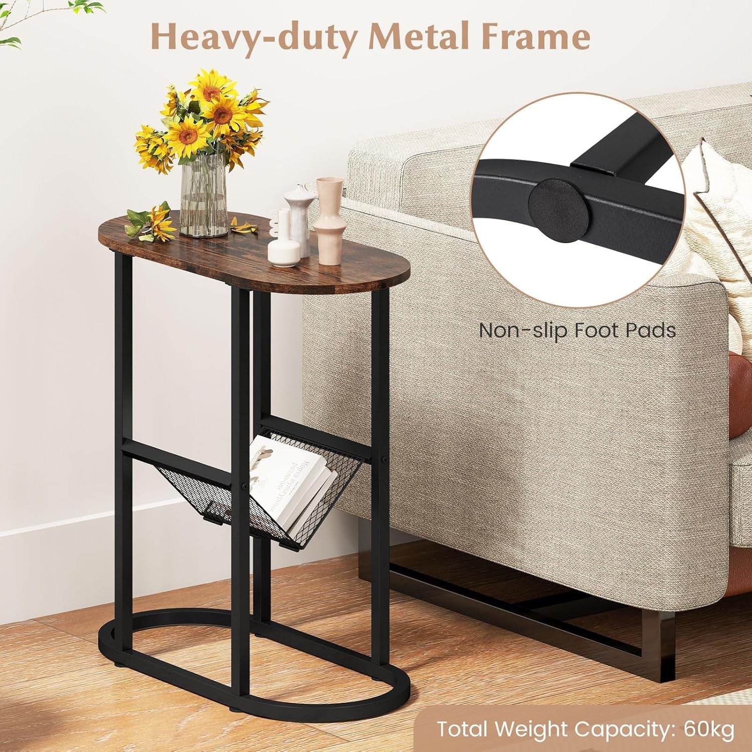 Slim Oval Side Table with Magazine Holder, 2-Tier Metal Frame Bedside Sofa Table
