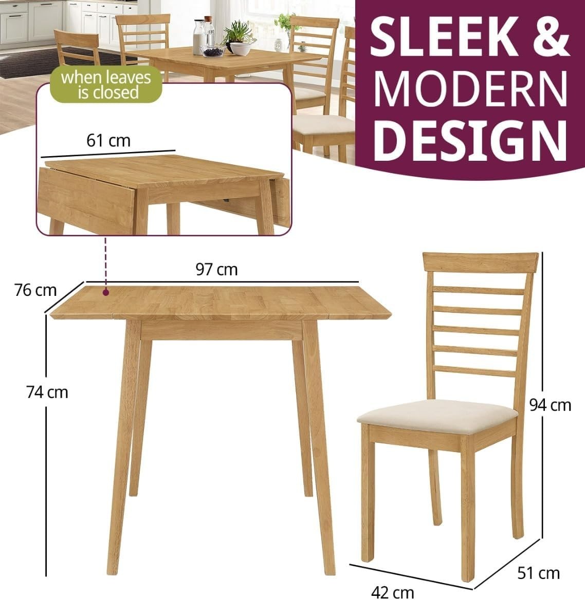 Drop Leaf Dining Table Set with 4 Chairs Light Oak Ladder Back Space Saver