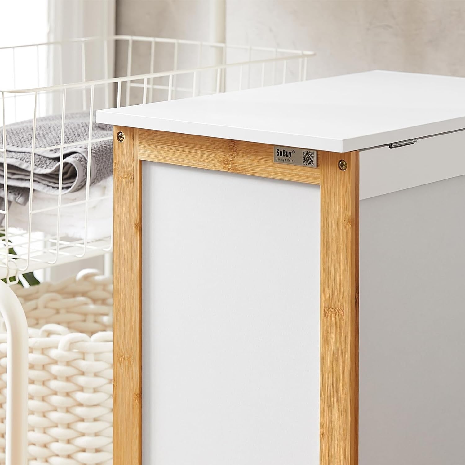 Modern Laundry Basket with Hinged Lid, 50x30x60cm Storage Hamper, Bamboo Frame