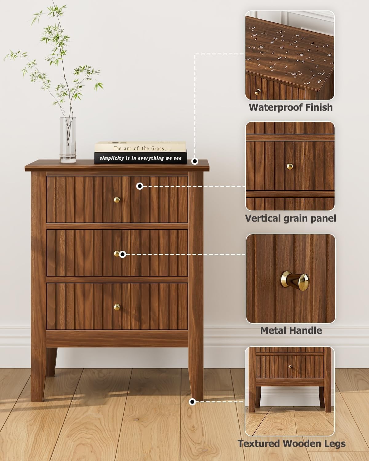 Modern Walnut Bedside Table with 3 Drawers Wooden Nightstand Bedroom Storage