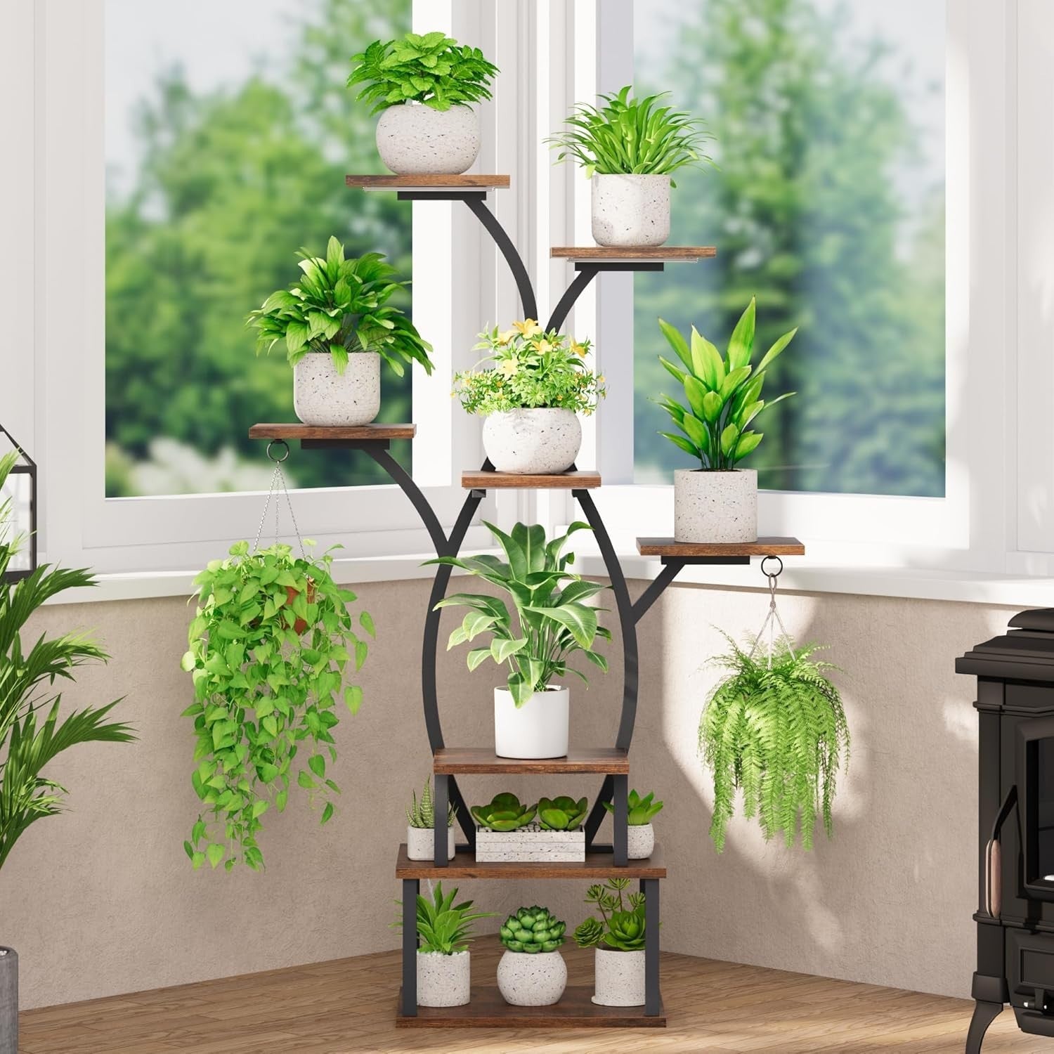 8-Tier Metal Plant Stand with Grow Lights, 122cm Indoor Flower Shelf Rack