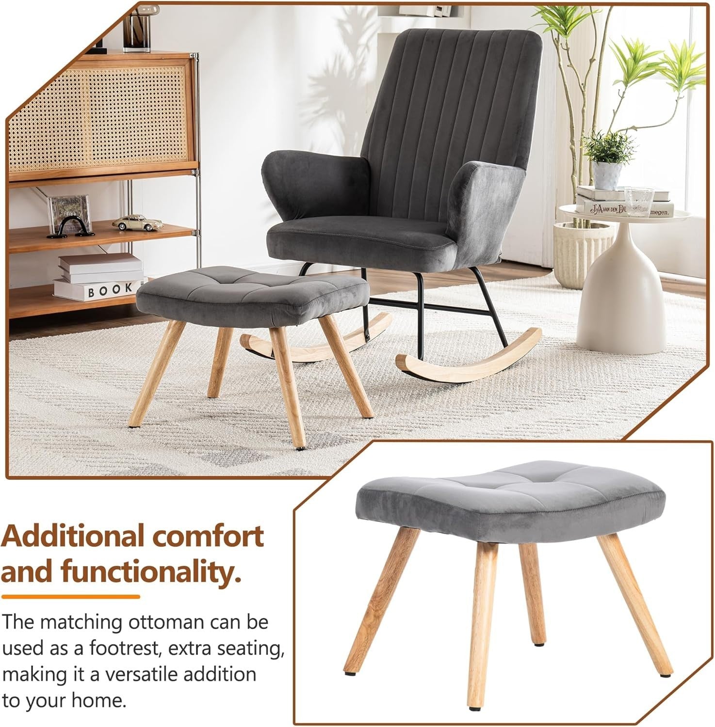 High Back Rocking Chair with Footstool, Armchair for Lounge Bedroom