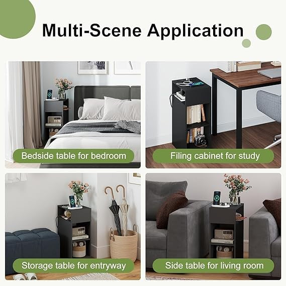 Black Slim Bedside Table with Charging Ports & 3 Shelves, Modern Narrow