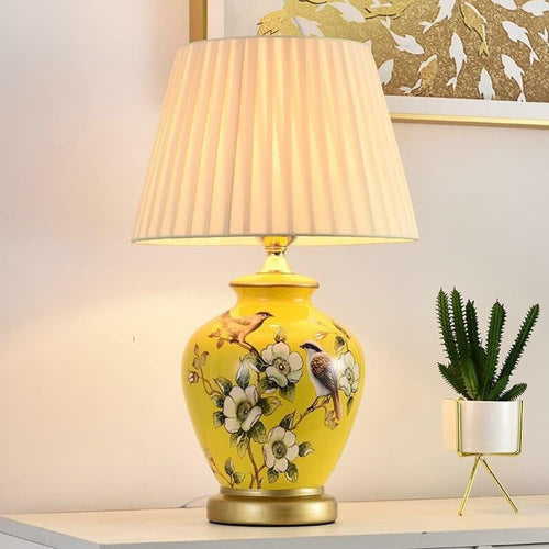 Yellow Ceramic Table Lamp E27 Bedside Light 50cm Elegant Floral Design