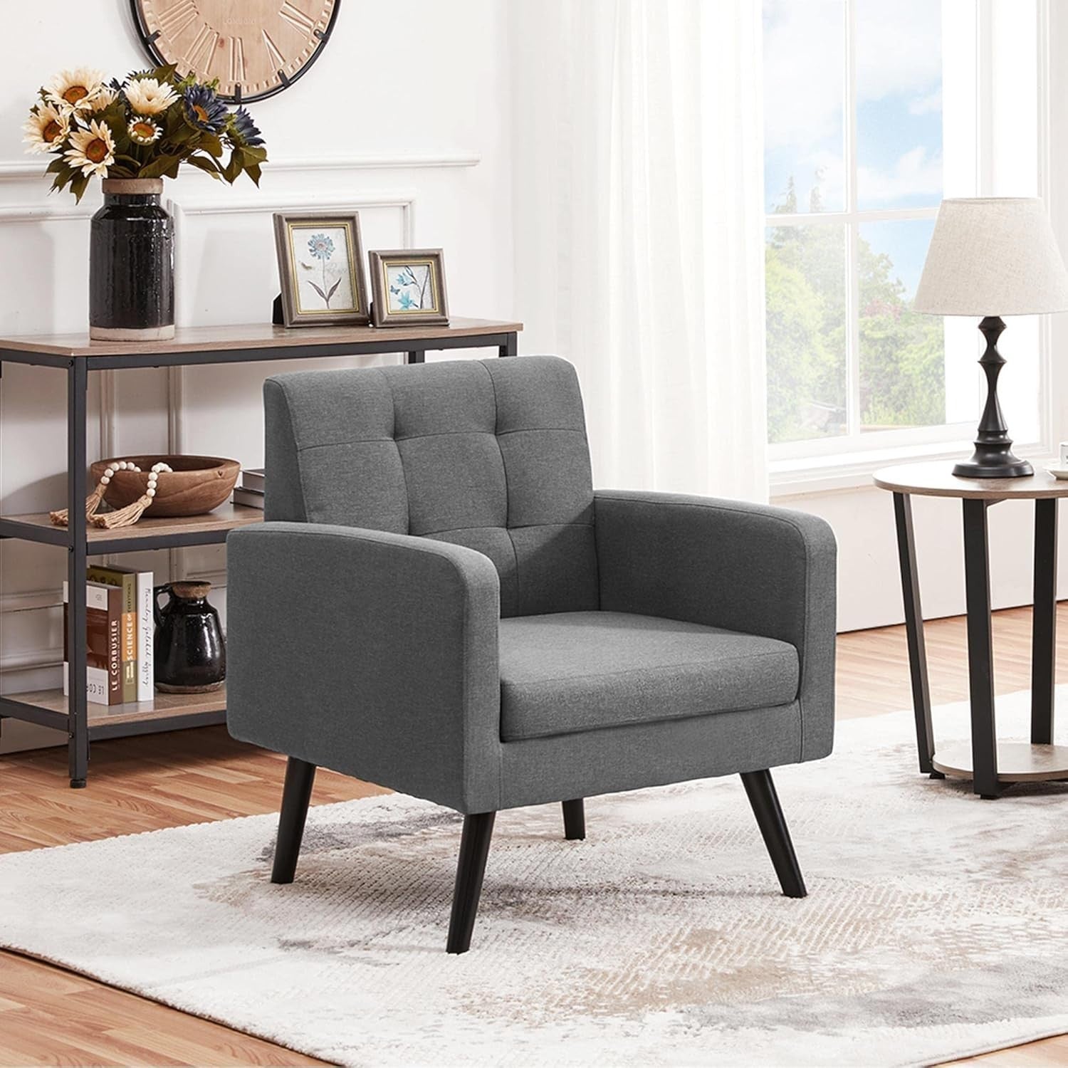 2x Dark Grey Accent Armchairs | Mid Century Tufted Lounge Chairs Set