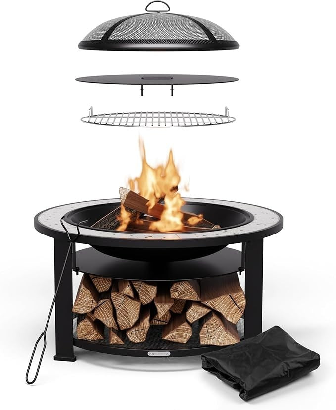 3-in-1 Fire Pit BBQ Table Outdoor Round Terrazzo Top Durable Steel Frame