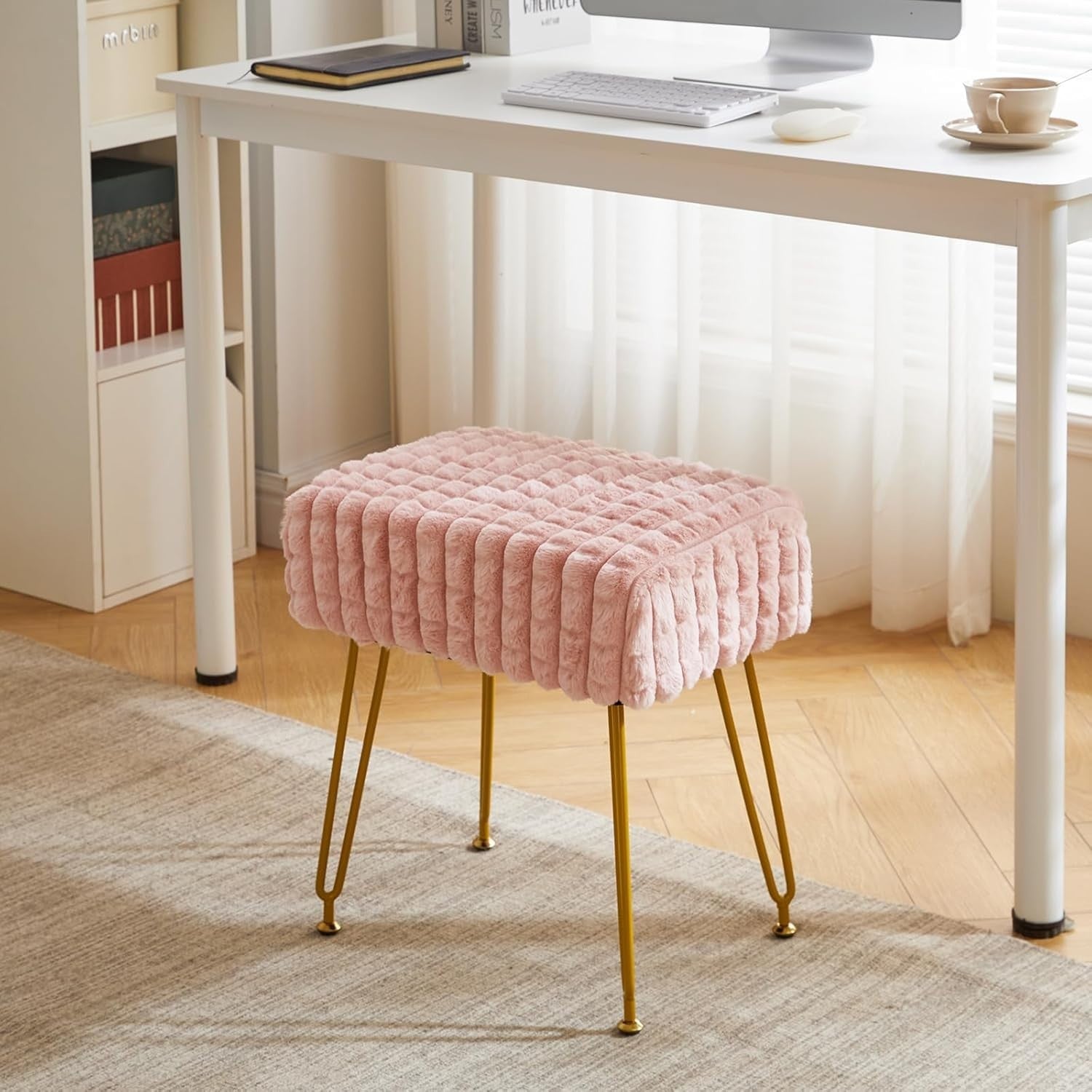 Pink Velvet Footrest Stool Ottoman – Gold Legs, Compact Vanity Seat & Side Table