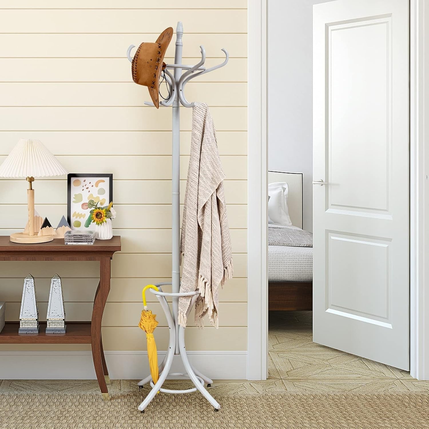 Wooden Coat Rack Stand 12 Hooks & Umbrella Holder | 75.5” Freestanding Hall Tree