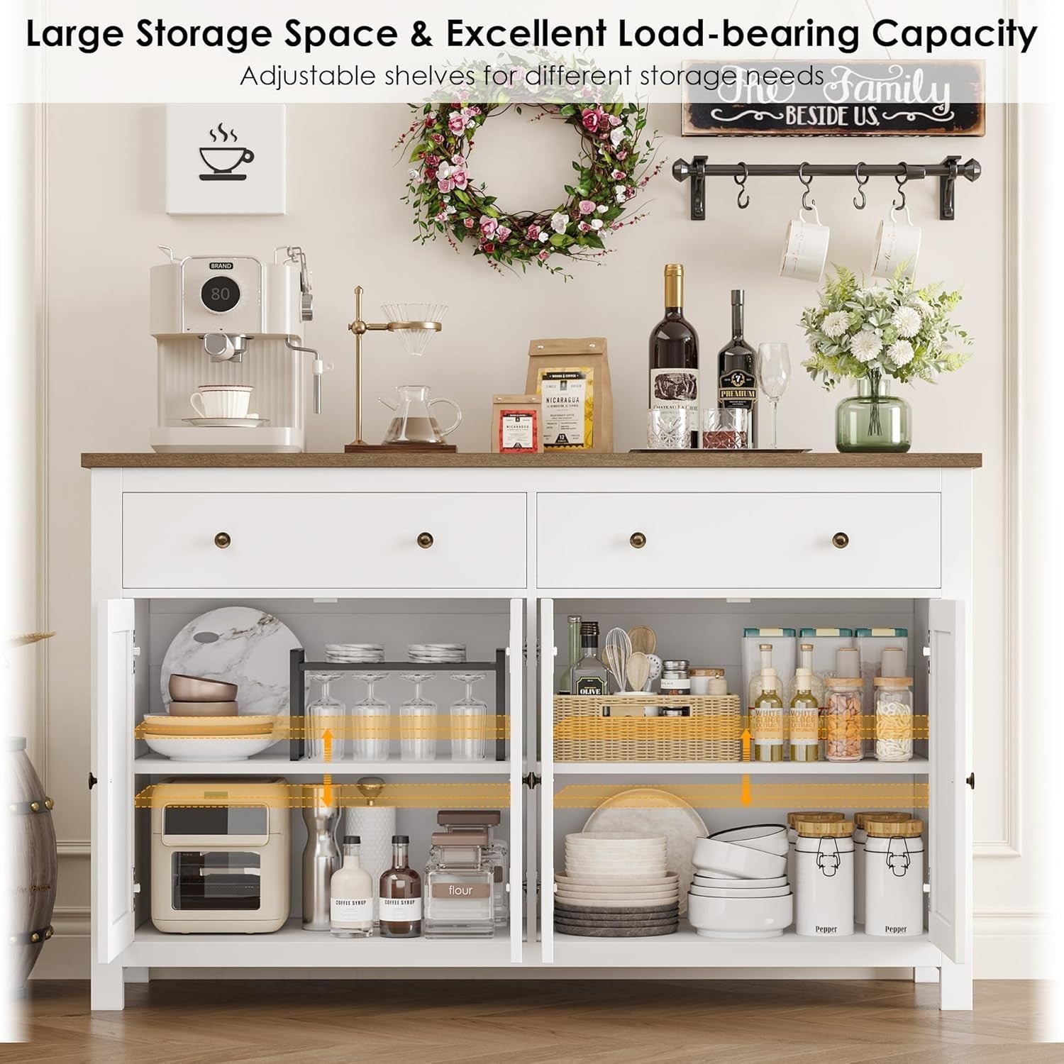 White Kitchen Sideboard Cabinet 3 Doors 2 Drawers Adjustable Shelves Large