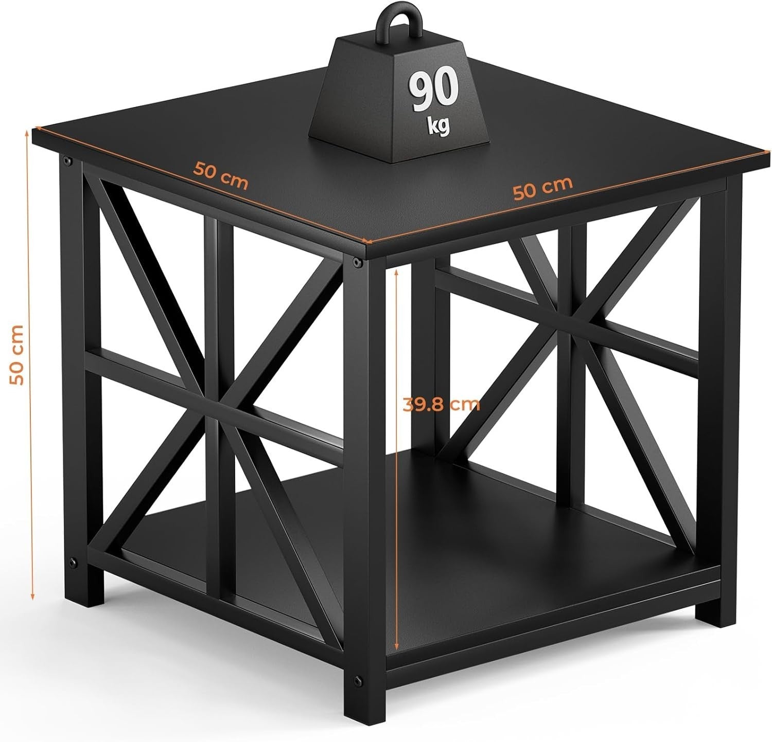 Black 2-Tier Square Side Table 50x50x50 cm | Farmhouse End Table w/ Storage