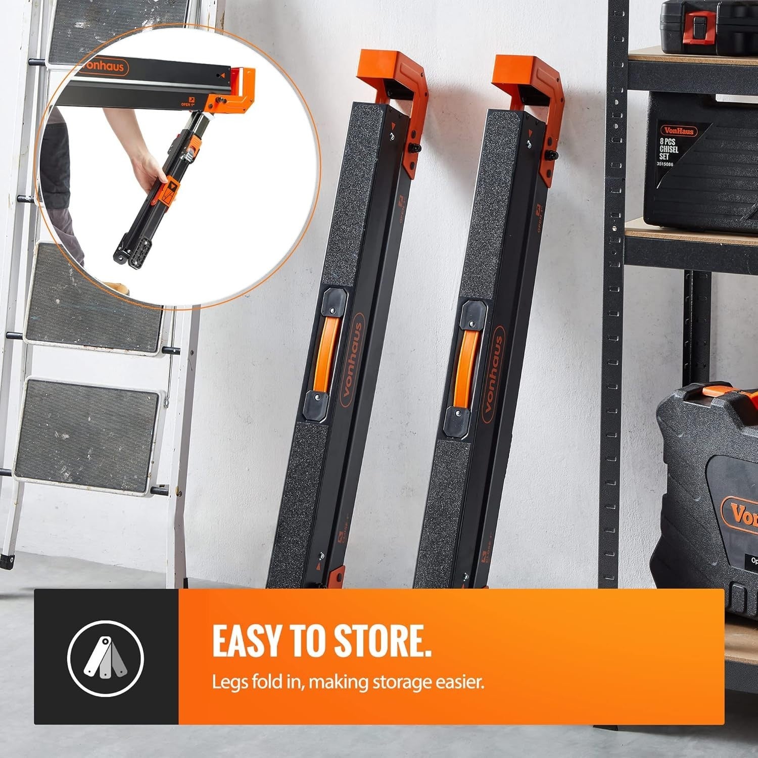 Heavy Duty Folding Sawhorse Twin Pack 1178kg Load 9-Height Adjustable Stands