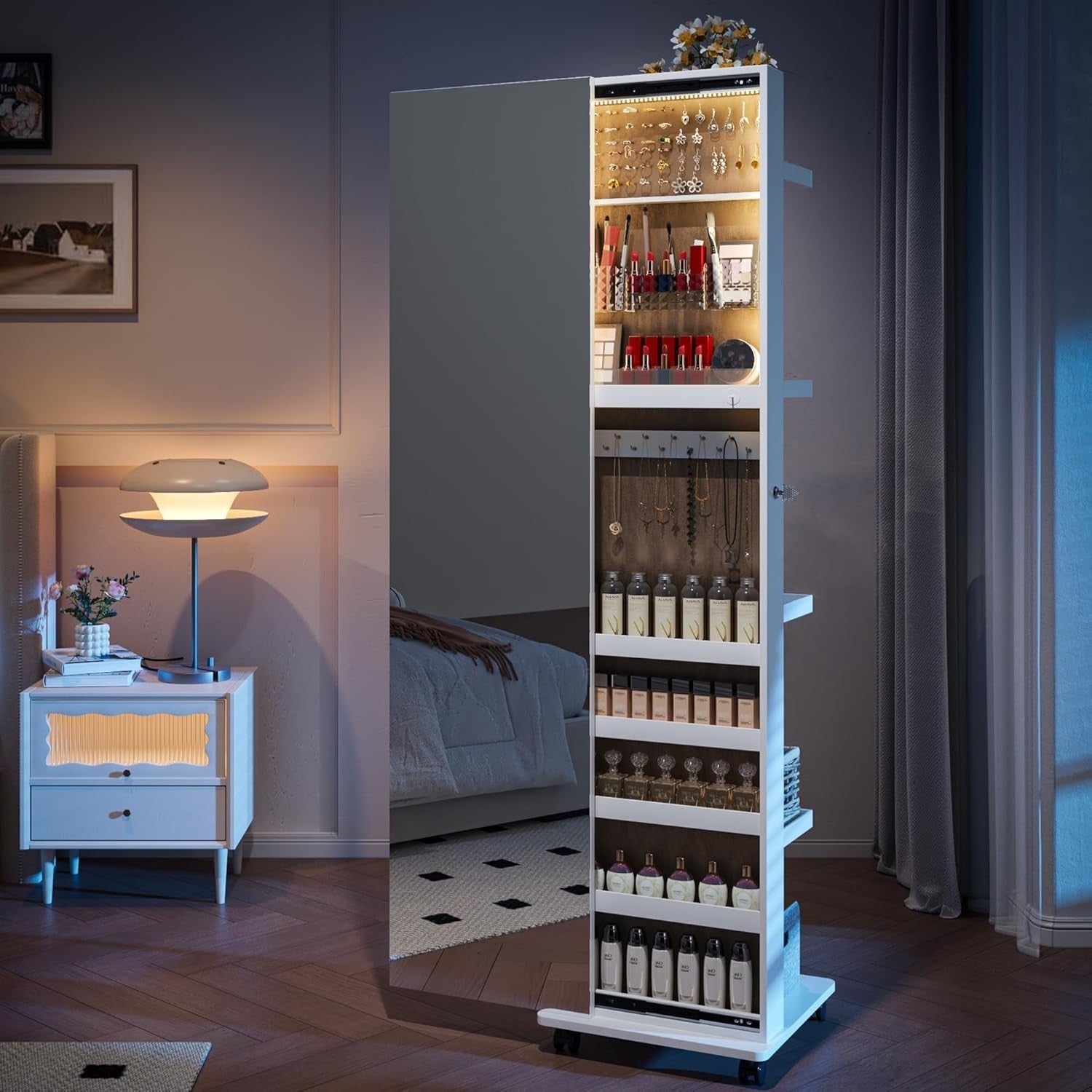 White 360° Rotating Jewellery Cabinet Sliding Door LED Mirror with Wheels