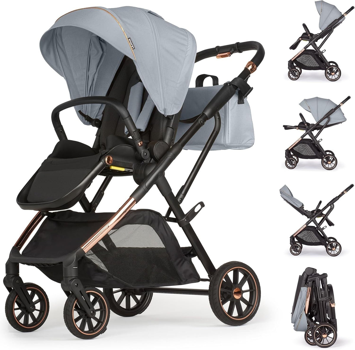 Baby Pushchair Reclining Seat Smooth Suspension Compact Stroller Grey