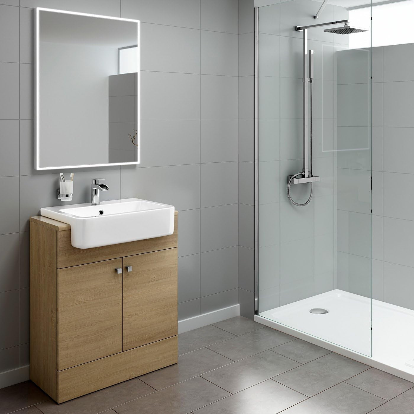 660mm Oak Effect Vanity Sink Unit – Bathroom Basin Cabinet with Deep Ceramic Bas