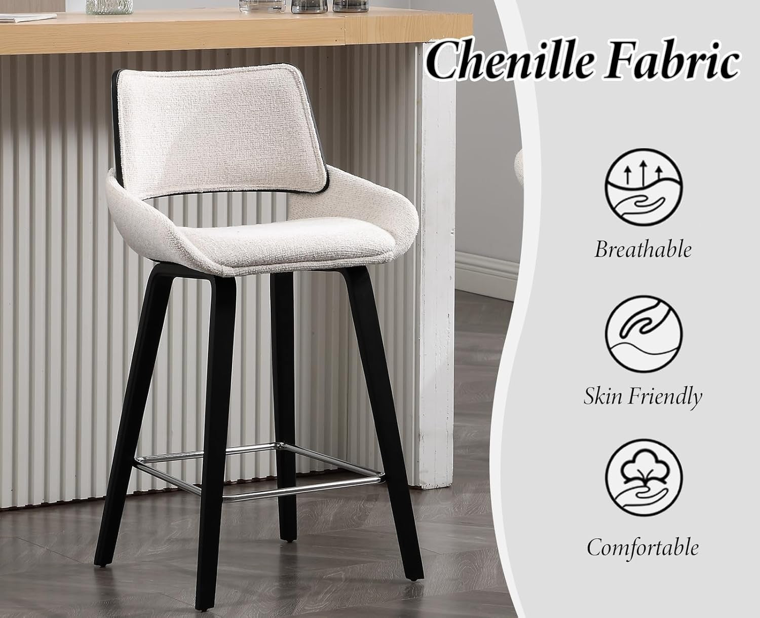 Modern Oatmeal Bar Stools Set of 2 | Chenille Seat, Solid Wood Frame