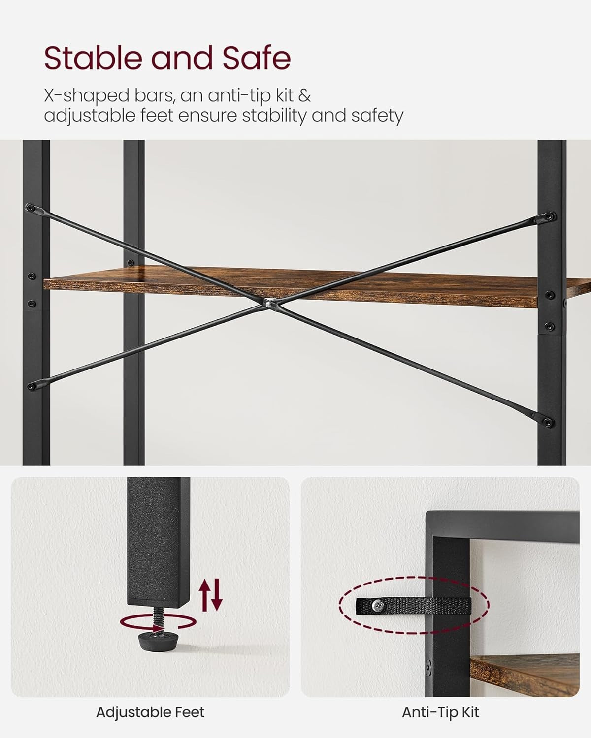 5-Tier Rustic Brown Industrial Bookcase – Tall Narrow Storage Shelf Unit