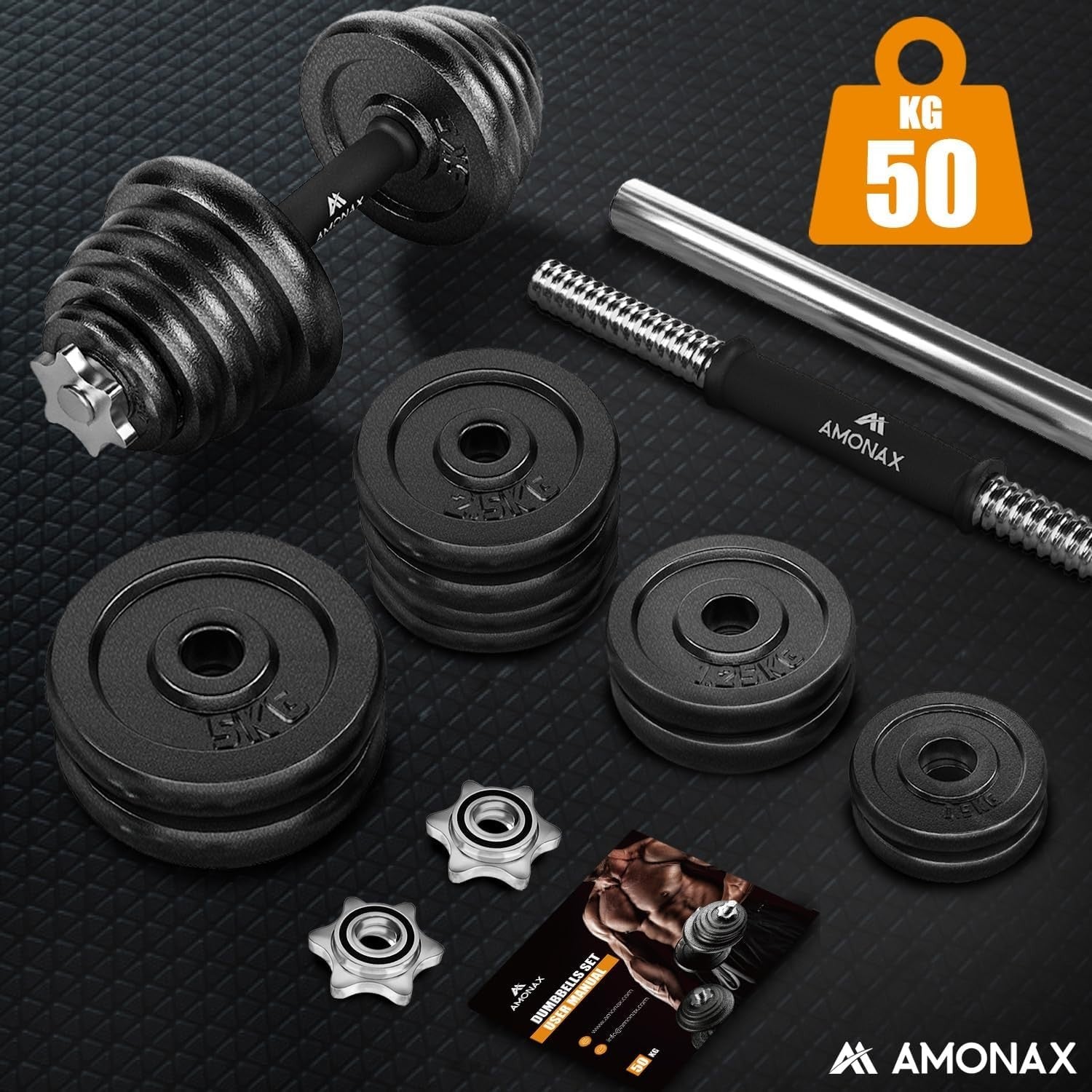 50kg Adjustable Cast Iron Dumbbell Barbell Set Spinlock Home Gym Weights