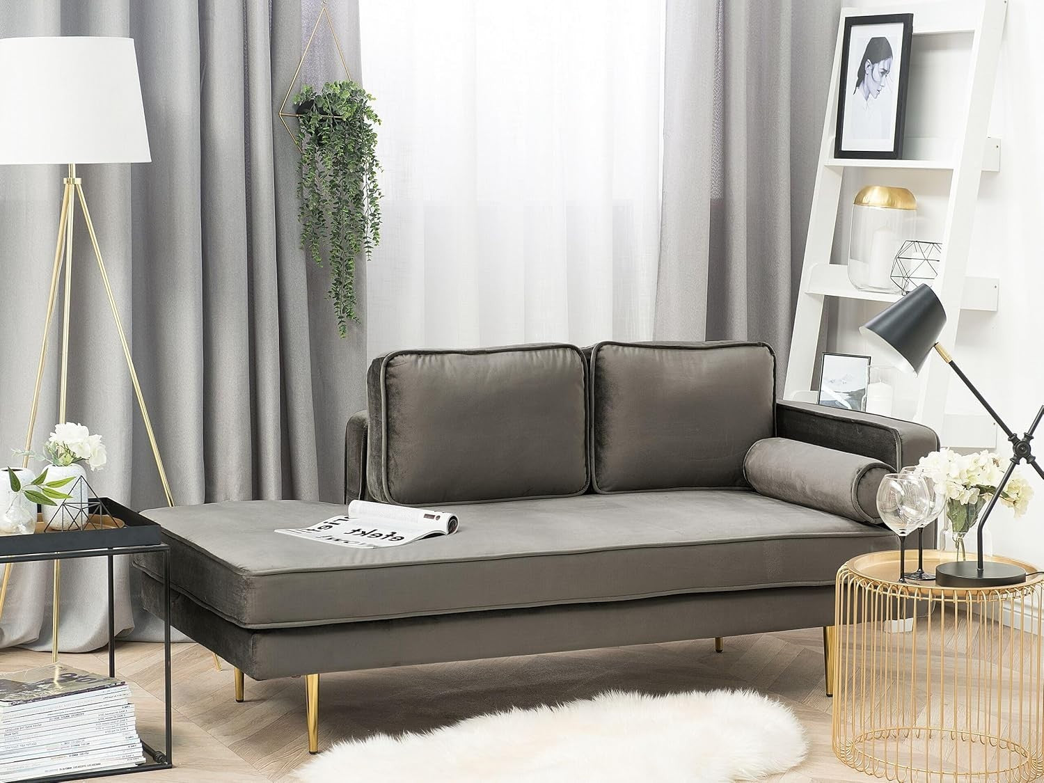 Grey Velvet Chaise Lounge Sofa | Modern Glam, Gold Legs, 79cm Seat Depth