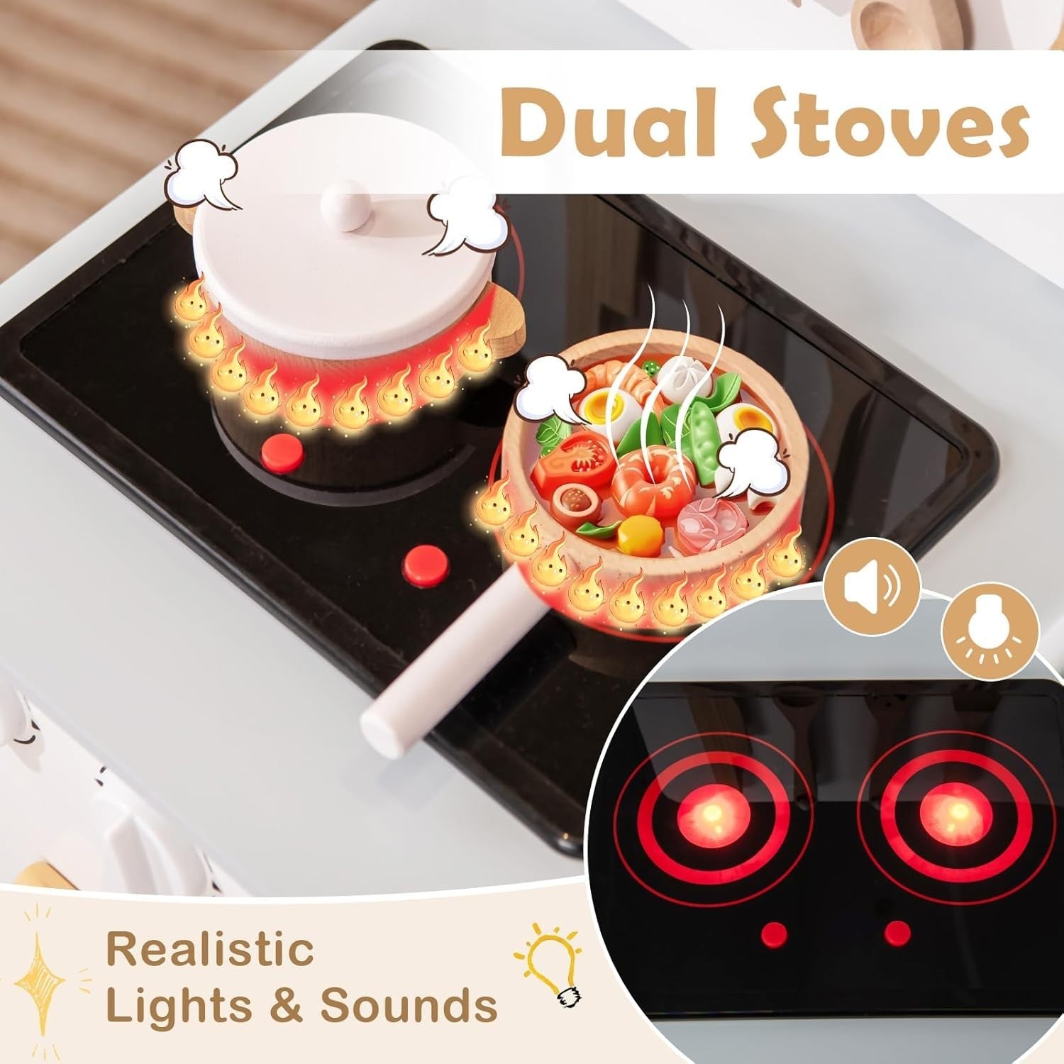 Wooden Kids Play Kitchen White w/ Lights Sounds Oven Accessories