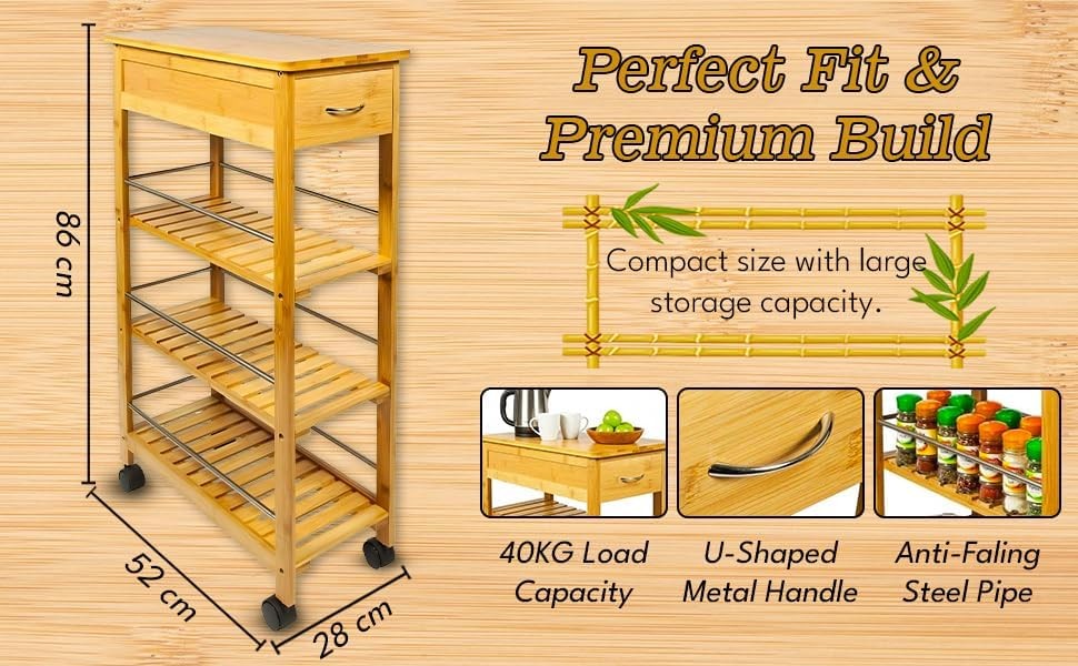 4 Tier Slim Bamboo Kitchen Trolley on Wheels Drawer Storage Cart Space Saver