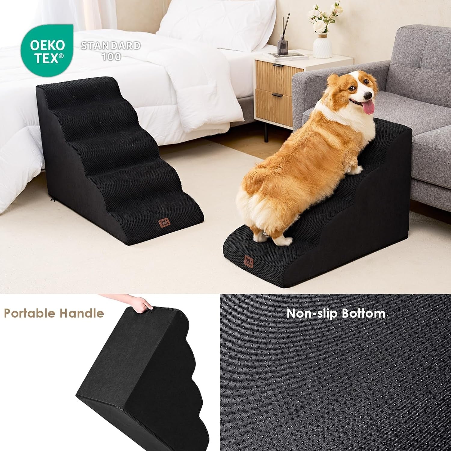 4 Step Dog Stairs for High Bed Non Slip Foam Pet Steps Washable Black