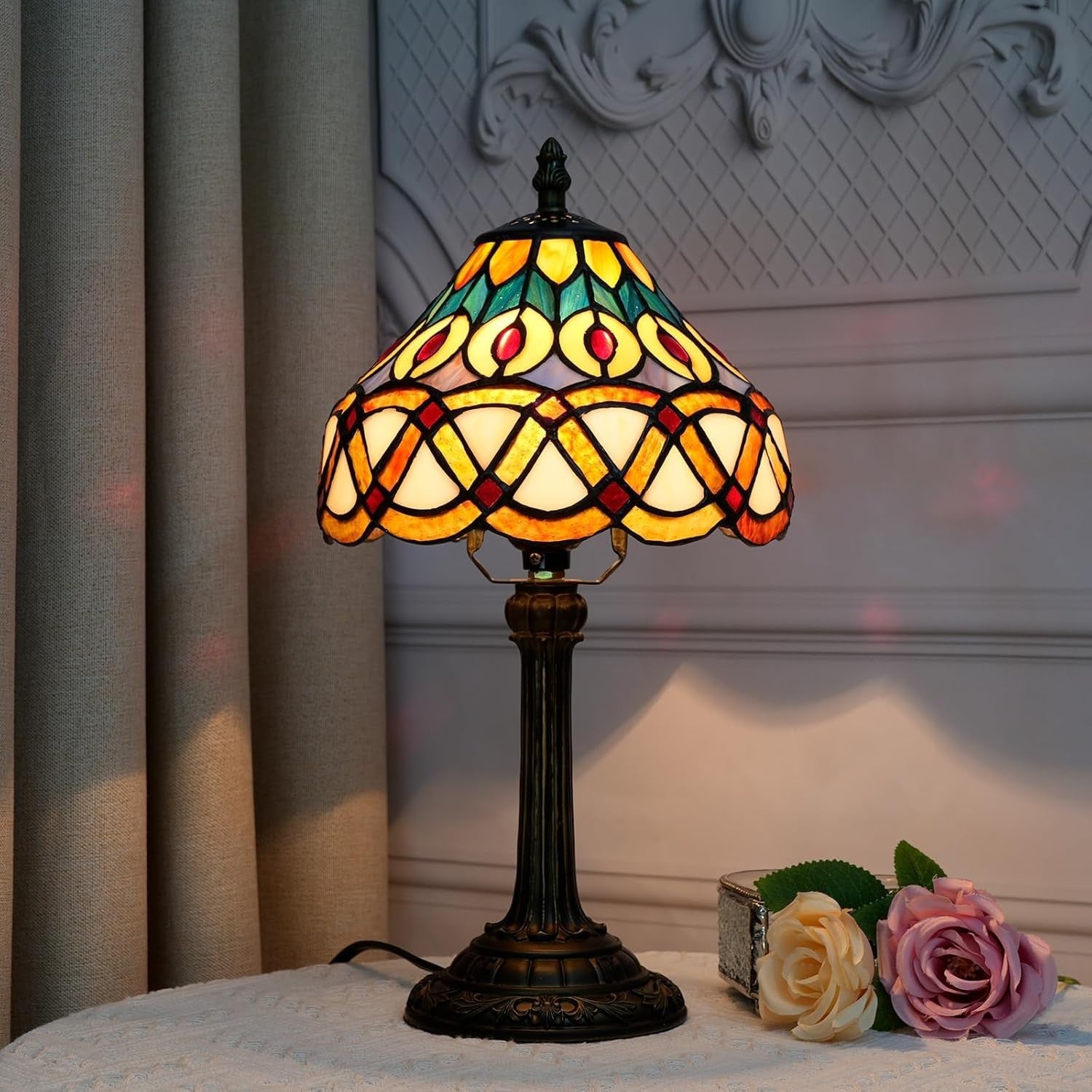 Vintage Stained Glass Peacock Table Lamp | Handmade Reading Light 14”H