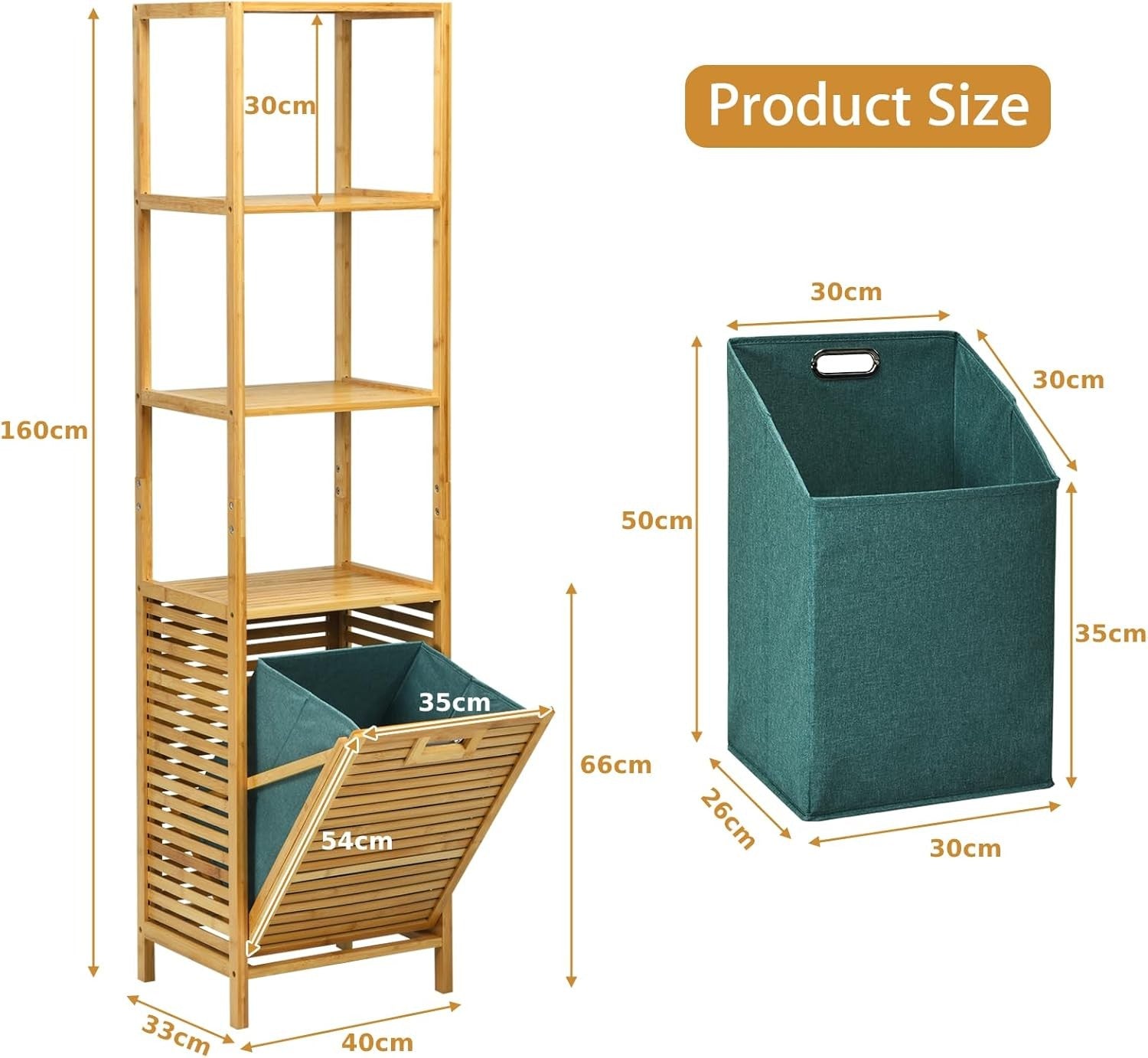 Tall Bamboo Laundry Hamper with 3 Shelves & Tilt-Out Basket | 40×33×160cm