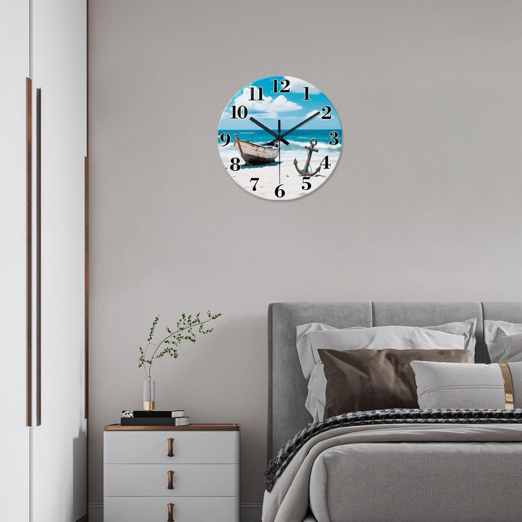 14" Coastal Beach Wall Clock Silent Non-Ticking Blue Ocean Boat Decor