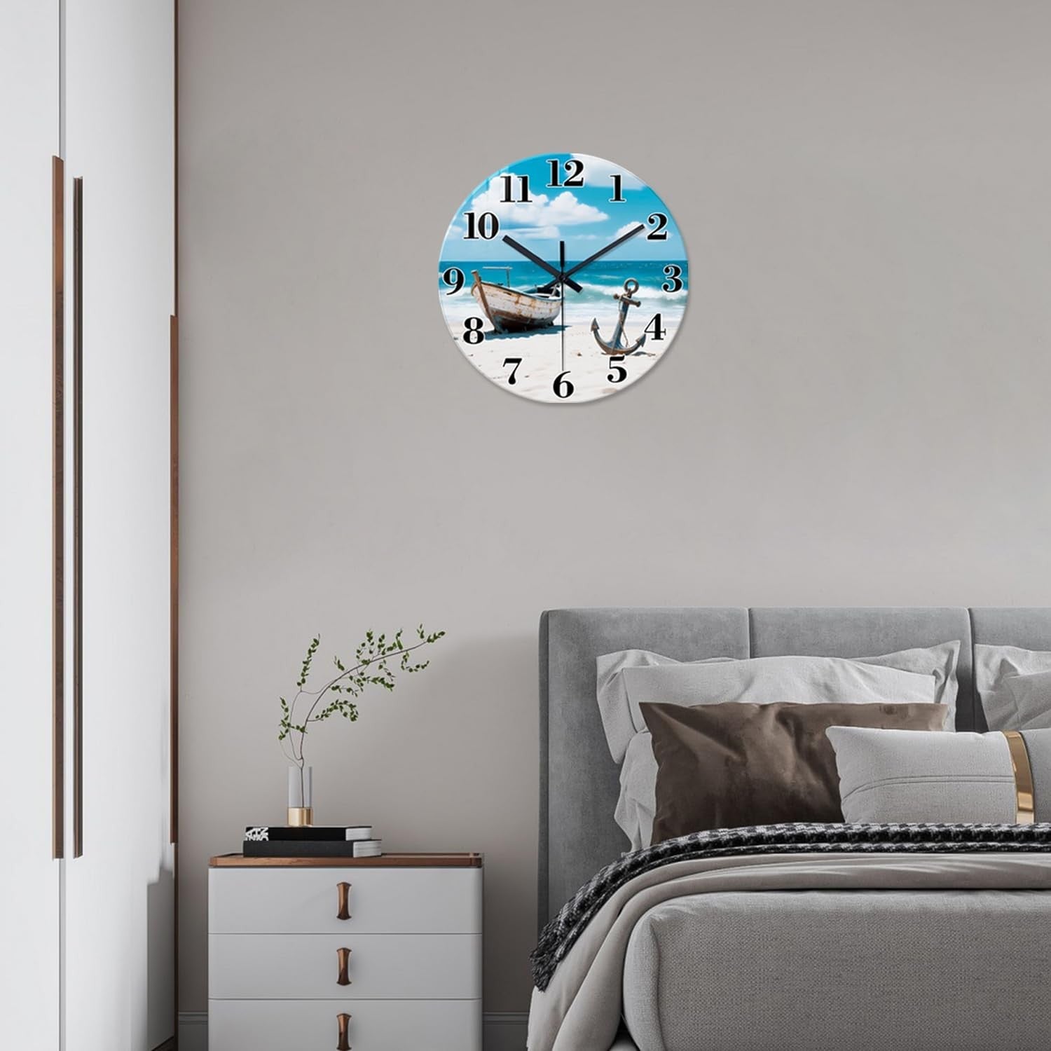 14" Coastal Beach Wall Clock Silent Non-Ticking Blue Ocean Boat Decor