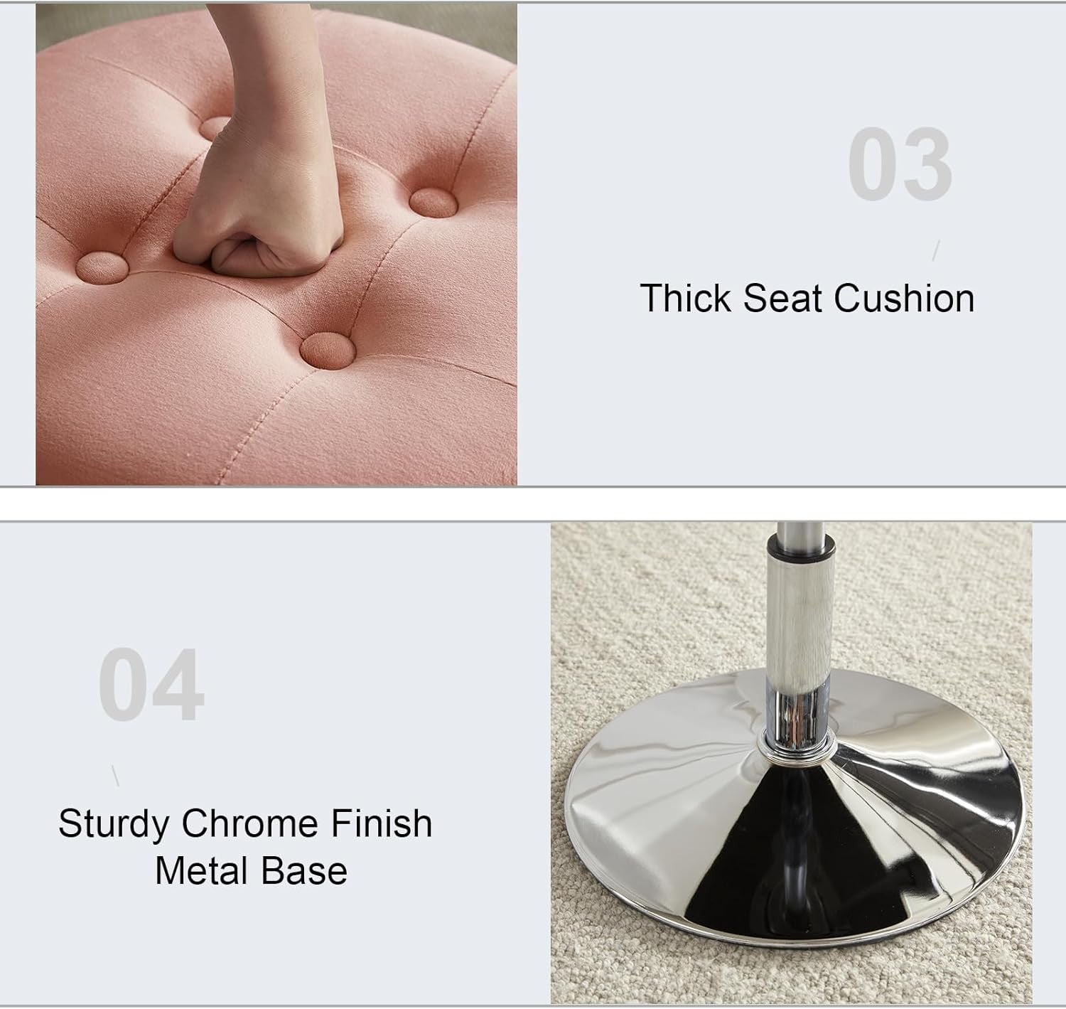 Pink Velvet Swivel Vanity Stool – Adjustable Tufted Round Makeup Chair Chrome