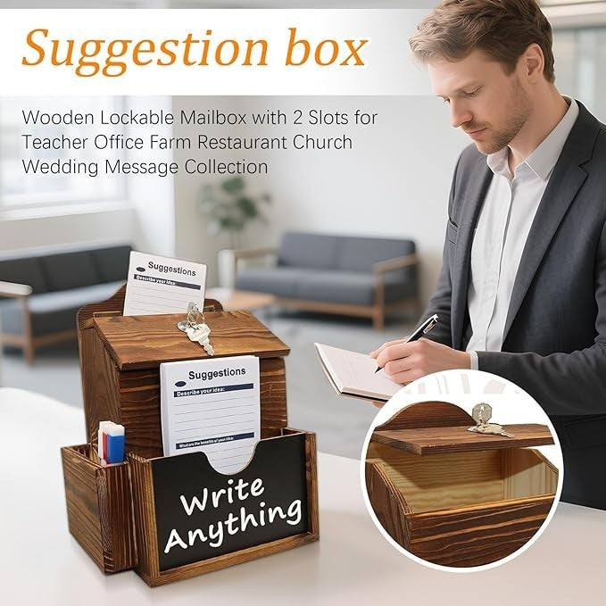 Lockable Wooden Suggestion Box Wall Mounted | 2 Slot Secure Message Collector