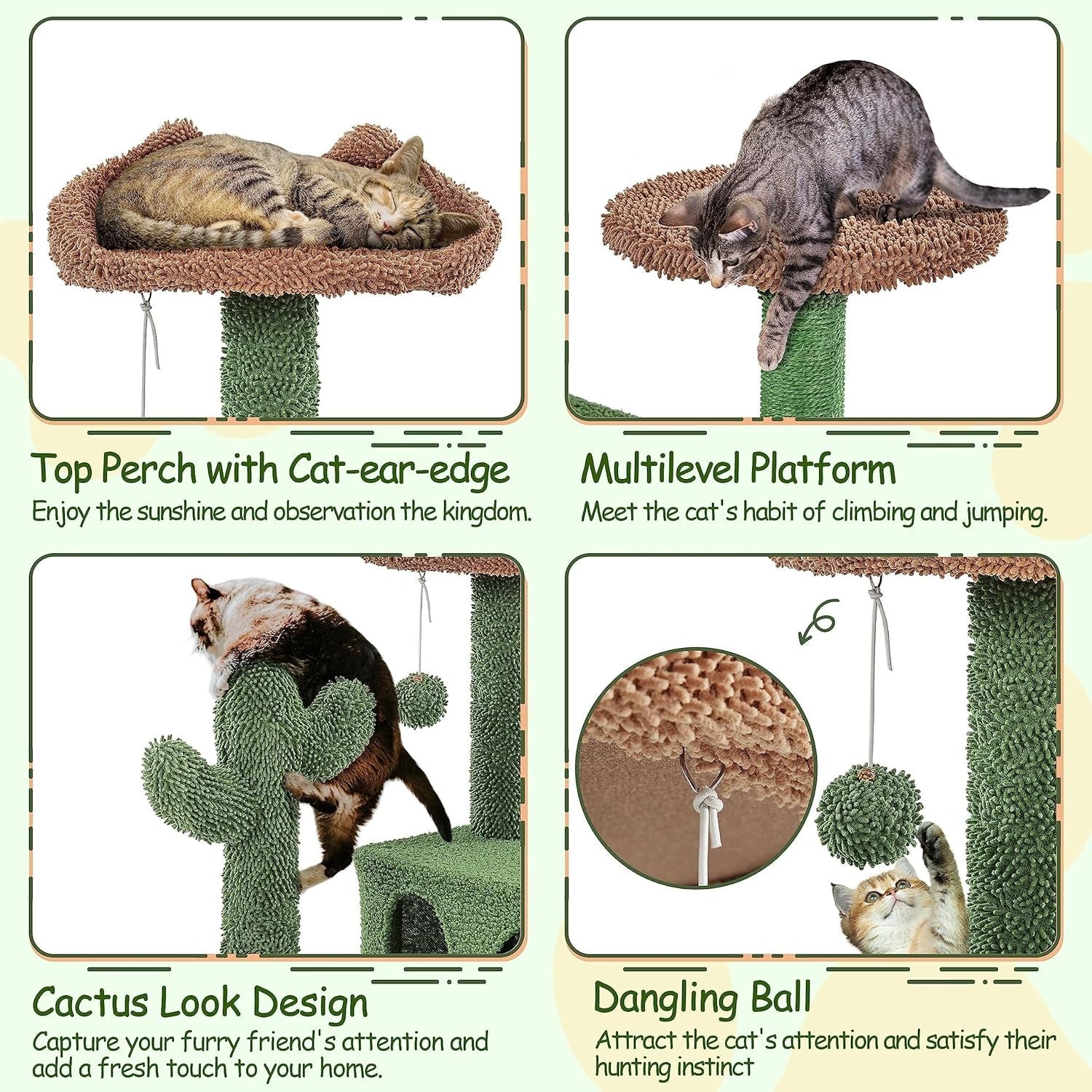 138cm Green Cactus Cat Tree Tower with Condo Scratching Posts Play Centre